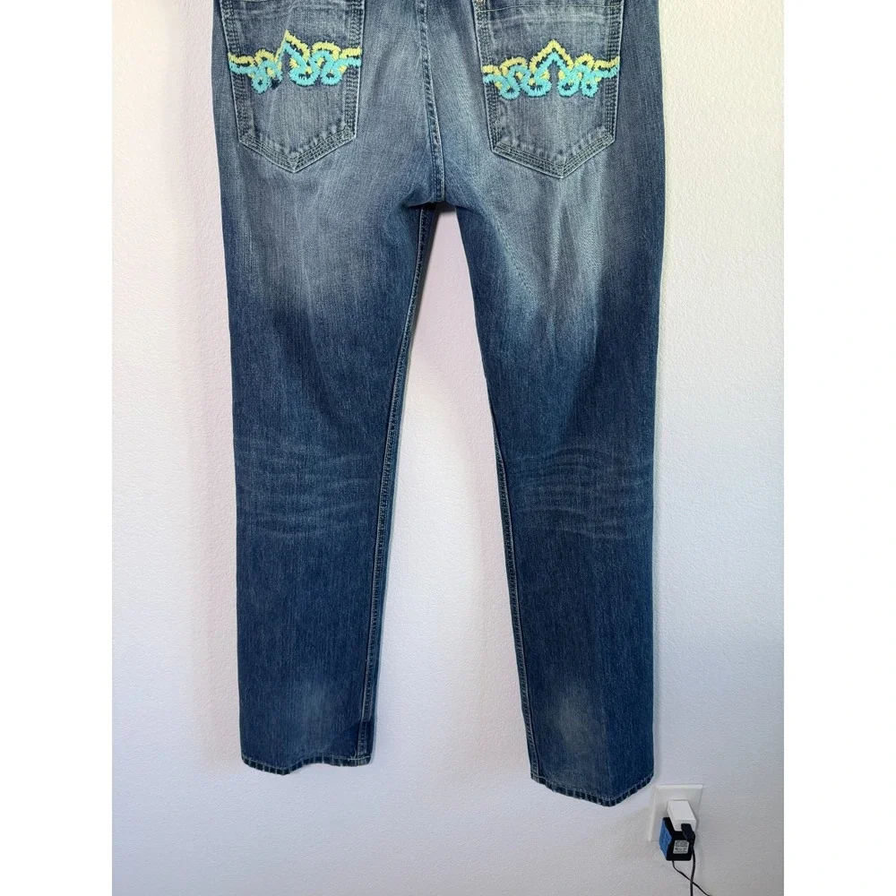 Crown Holder Straight Jeans Men 34 Blue Denim Cotton Beaded Embroidered Mid Rise